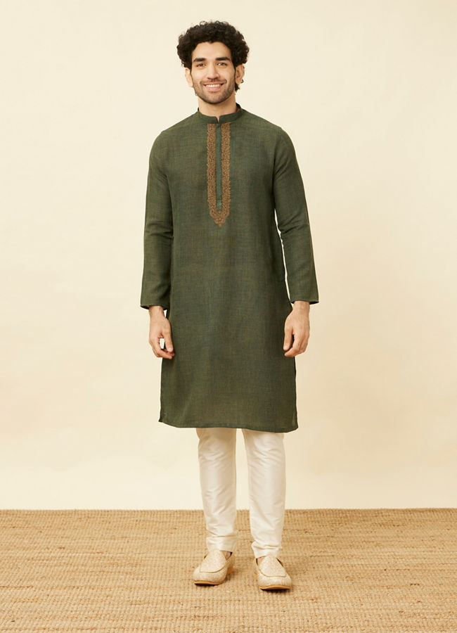 Manyavar Men Dark Green Kashidakari Embroidered Placket Kurta Set