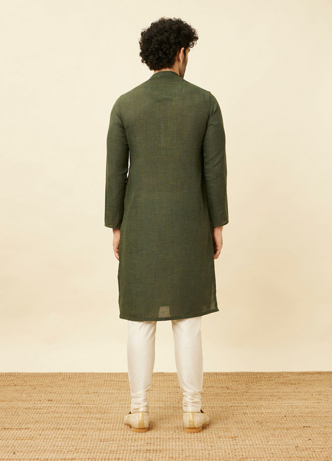 Manyavar Men Dark Green Kashidakari Embroidered Placket Kurta Set