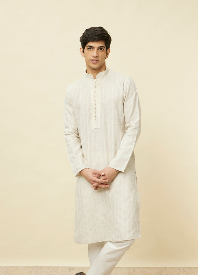 Manyavar Men Bright White Embroidered Neckline Kurta Set