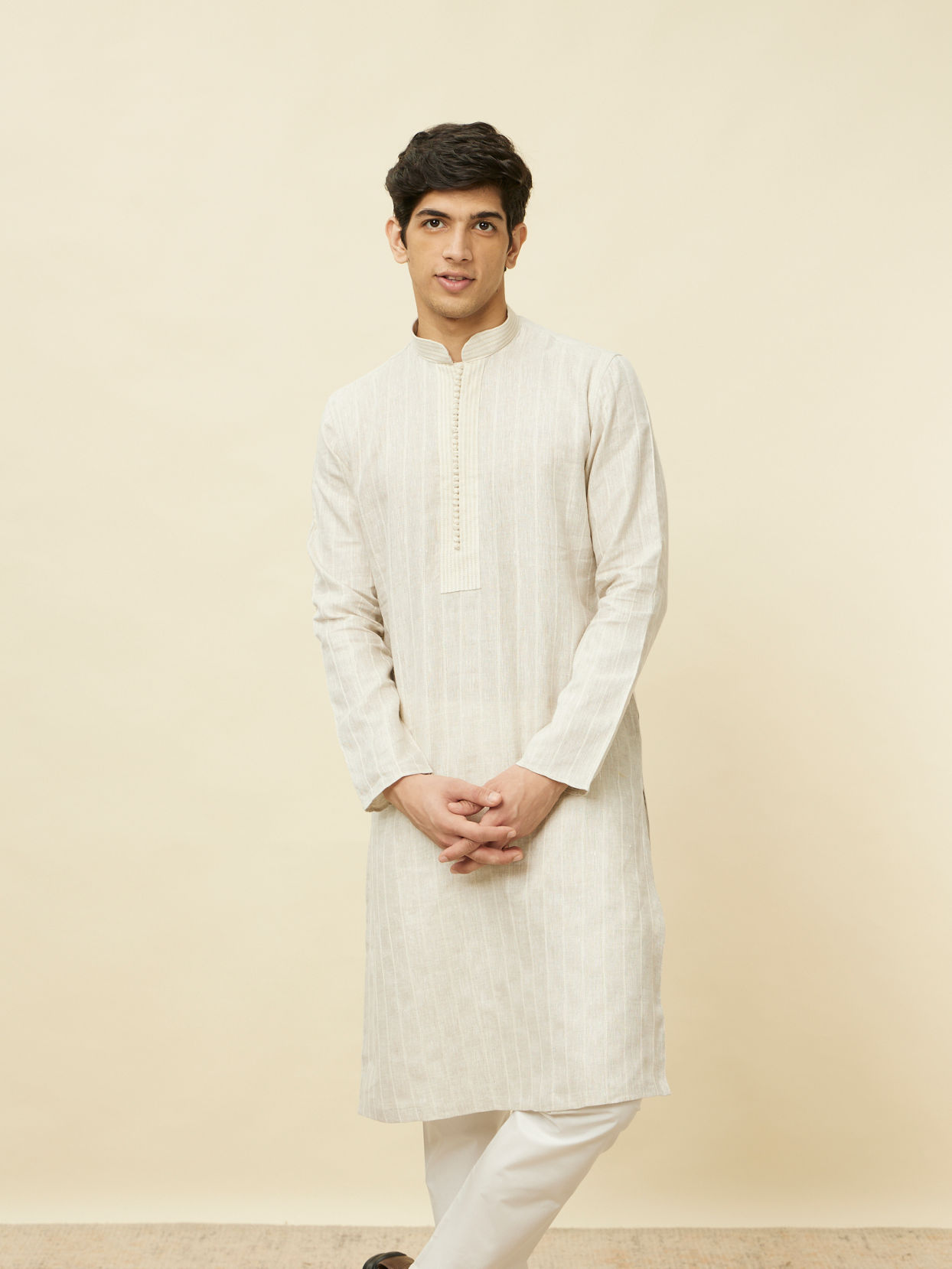 Manyavar Men Bright White Embroidered Neckline Kurta Set