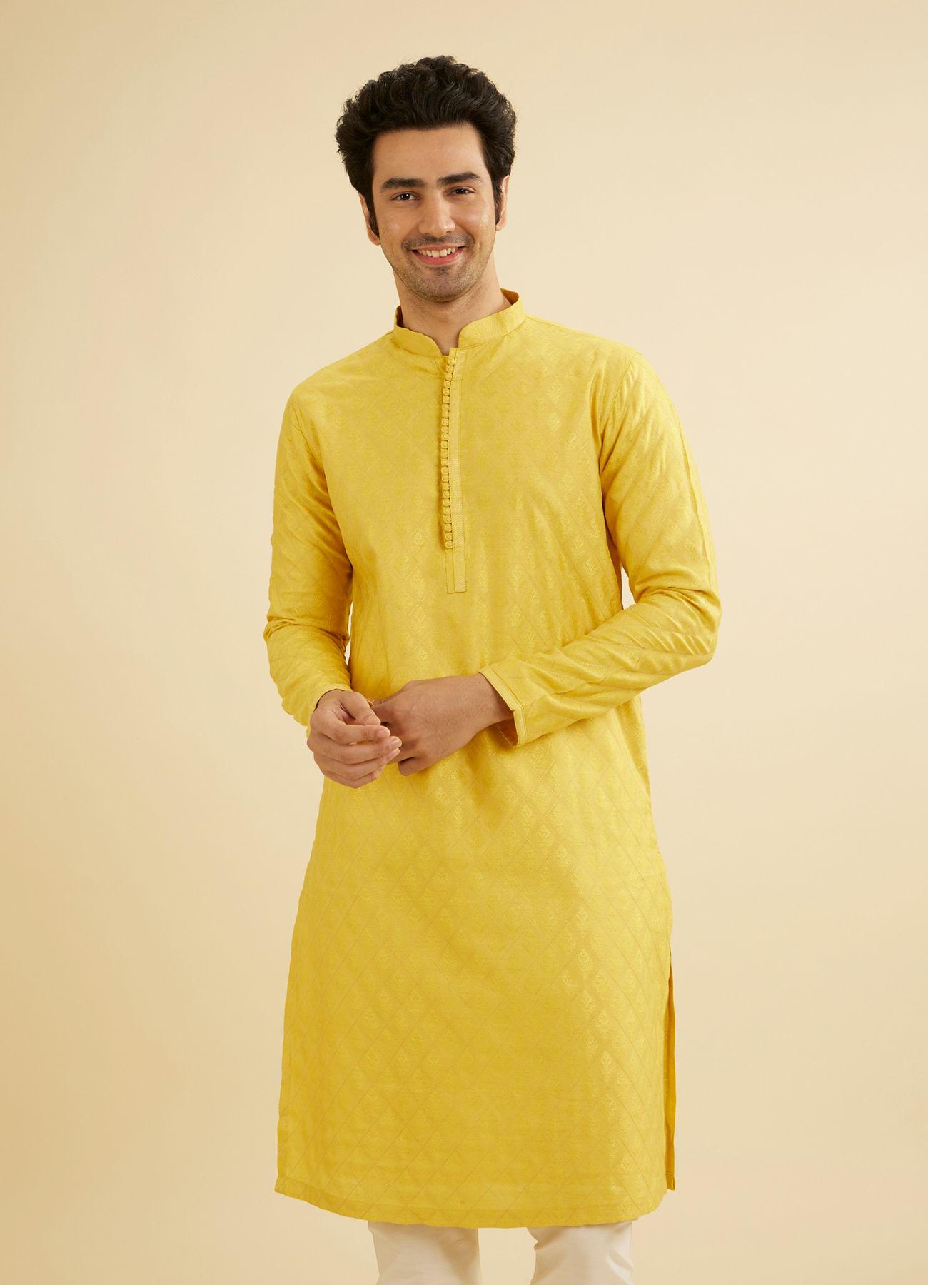 Manyavar Men Canary Yellow Self Design Kurta Pajama