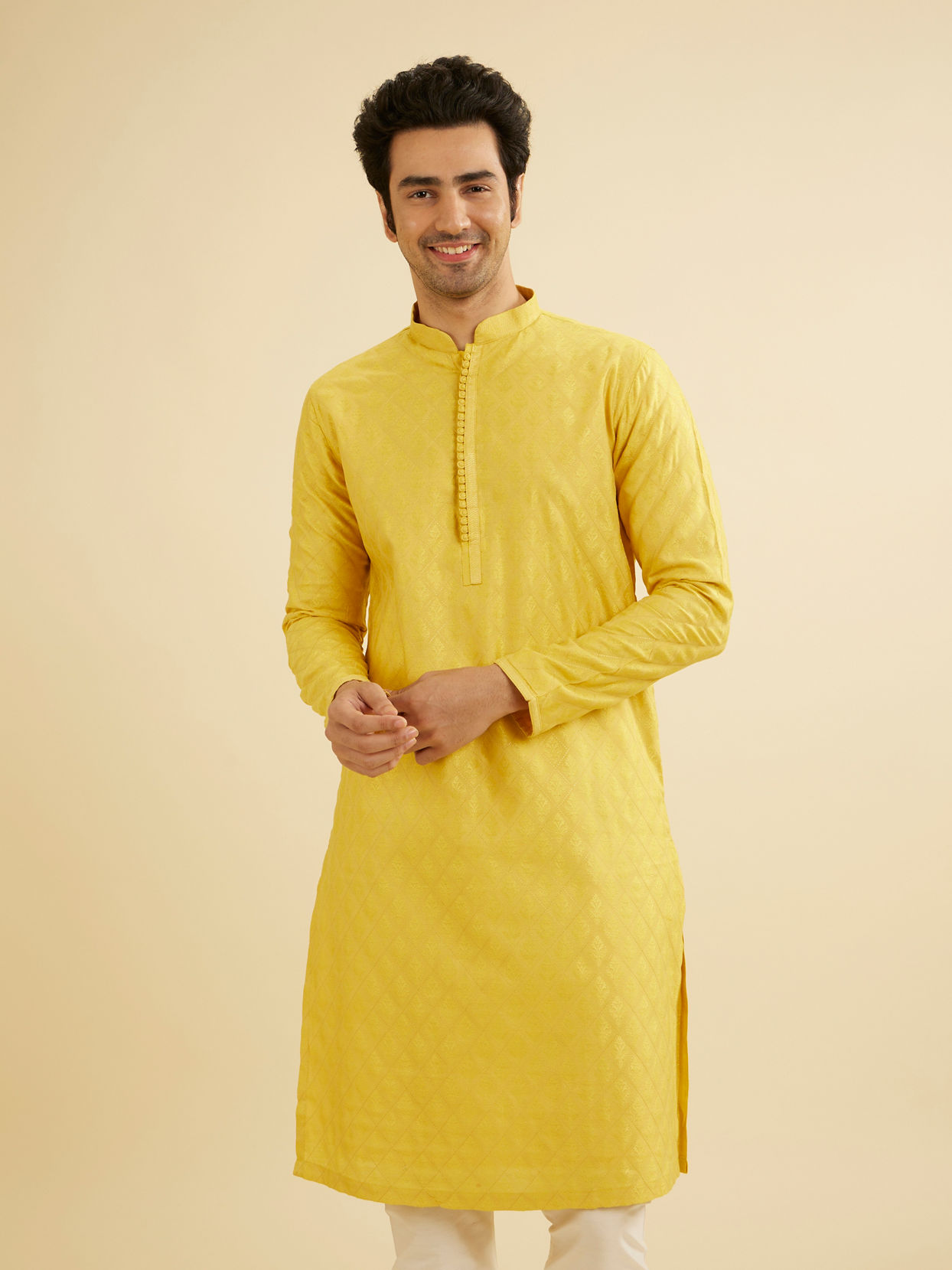 Manyavar Men Canary Yellow Self Design Kurta Pajama image number 0