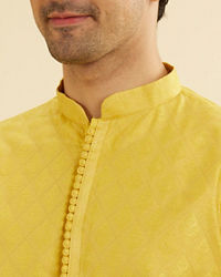 Manyavar Men Canary Yellow Self Design Kurta Pajama