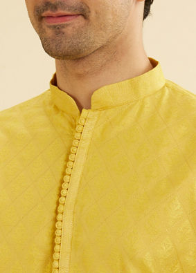 Manyavar Men Canary Yellow Self Design Kurta Pajama