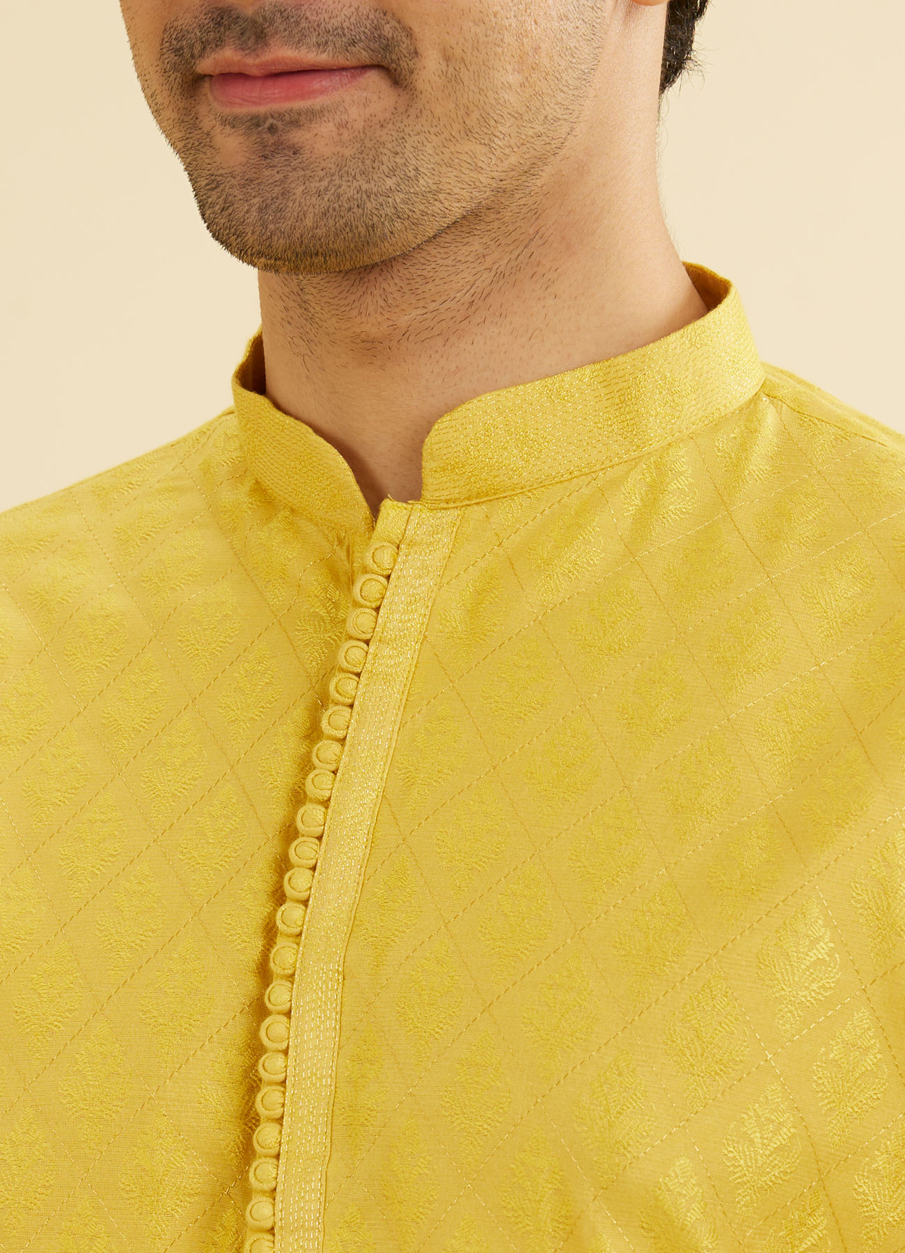 Manyavar Men Canary Yellow Self Design Kurta Pajama