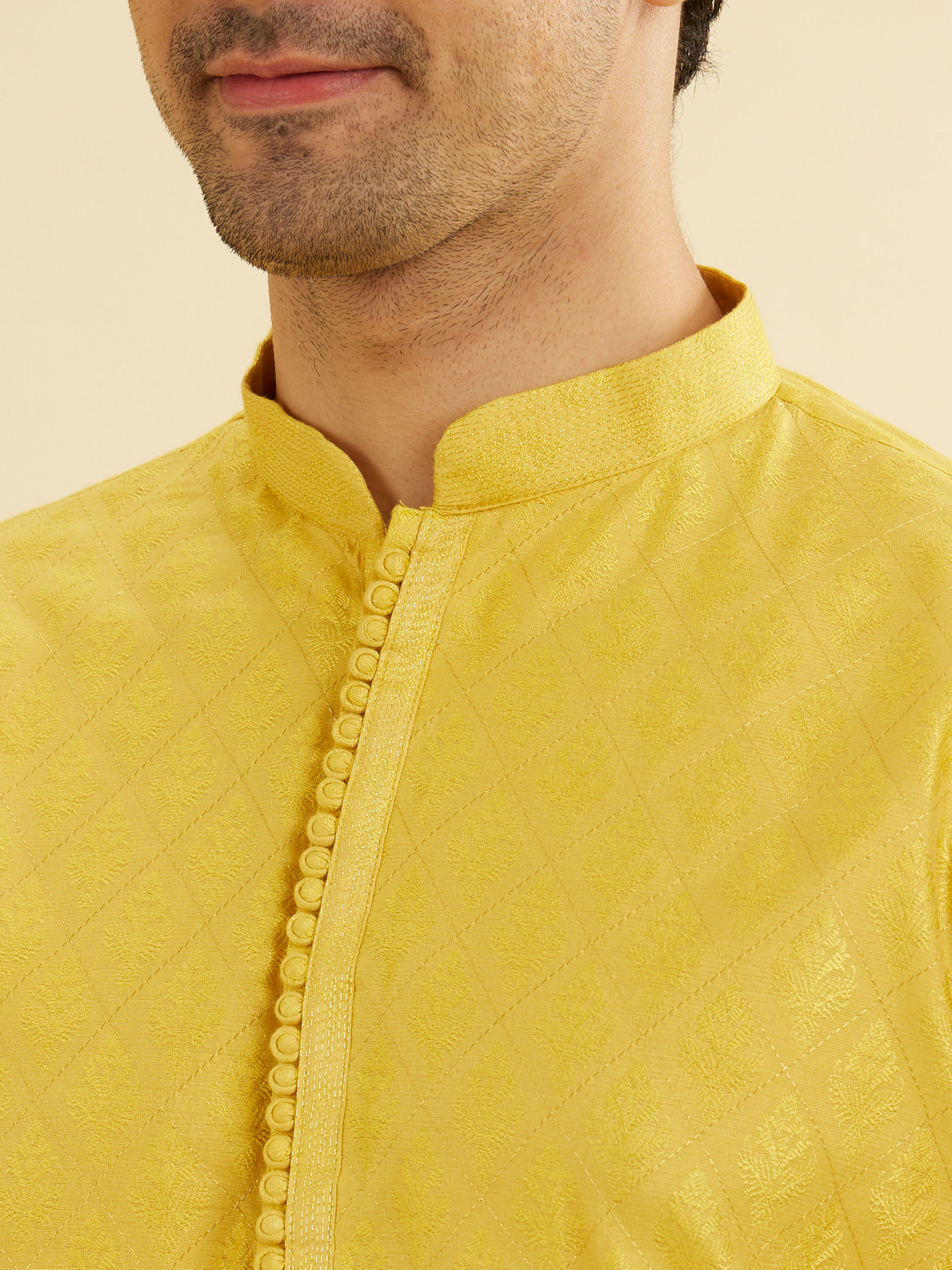 Manyavar Men Canary Yellow Self Design Kurta Pajama