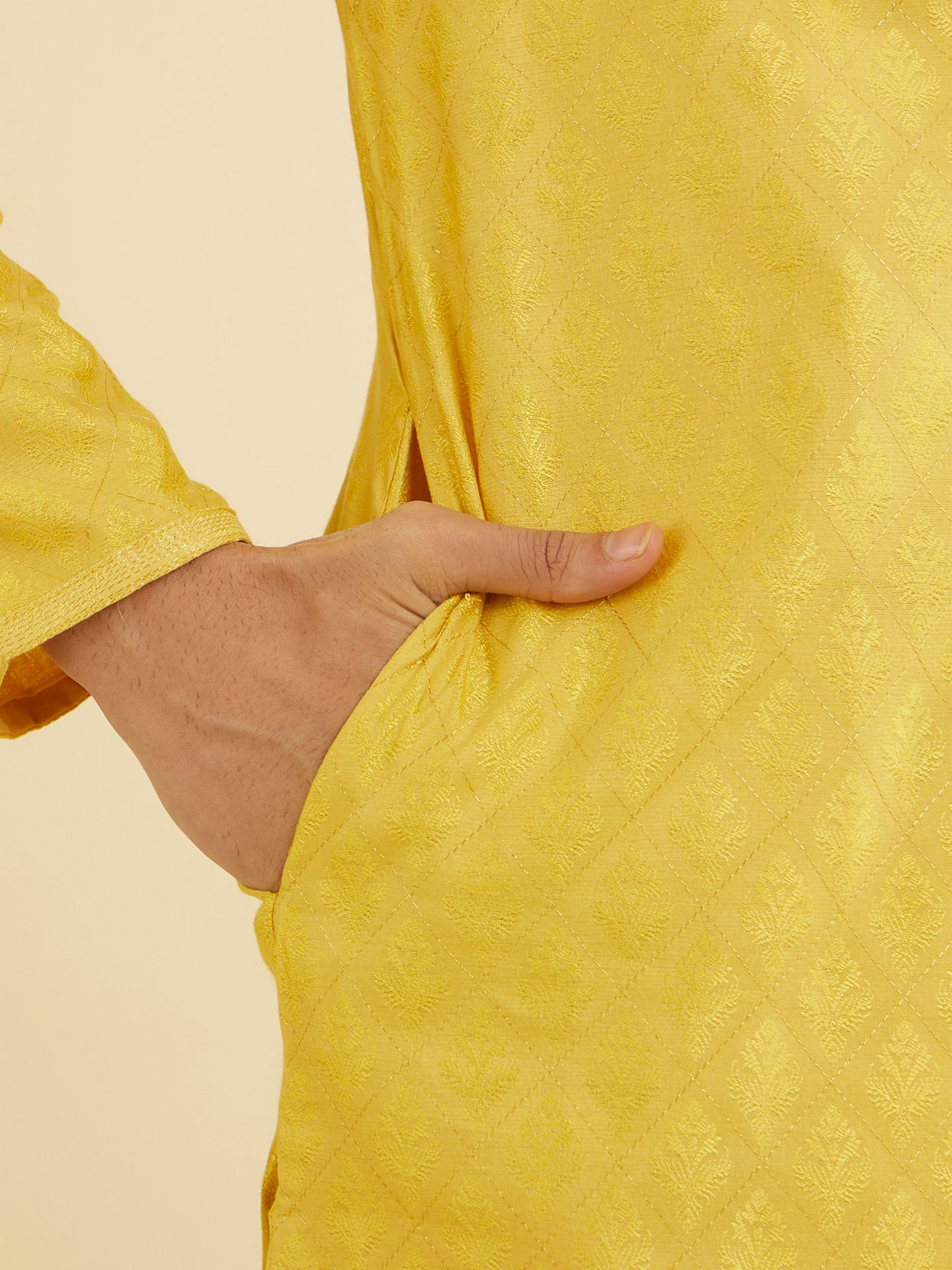 Manyavar Men Canary Yellow Self Design Kurta Pajama image number 3