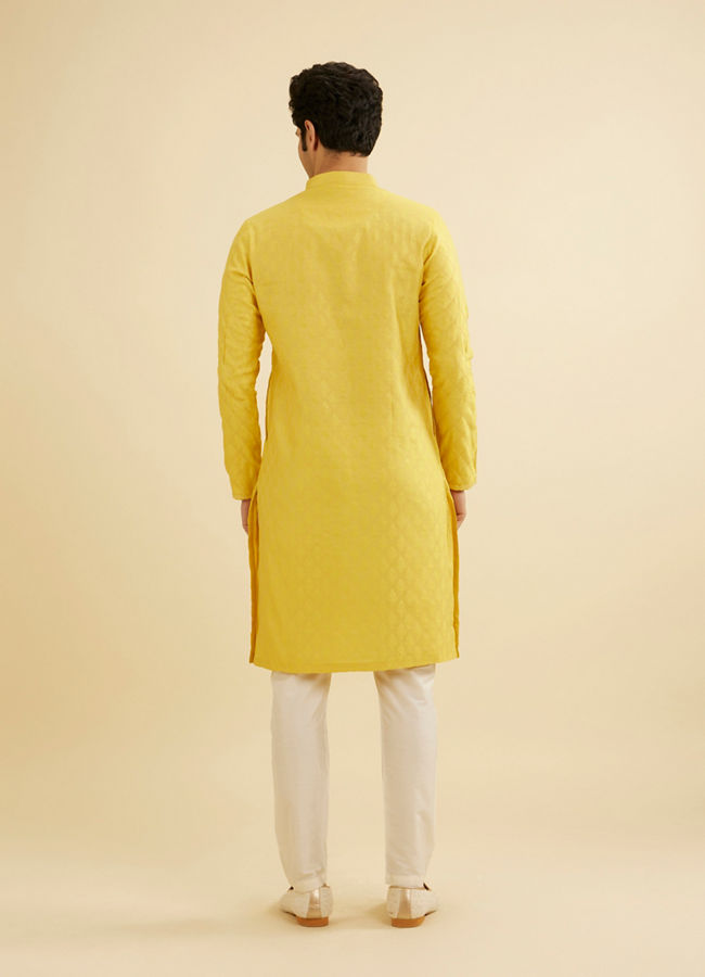 Manyavar Men Canary Yellow Self Design Kurta Pajama image number 5