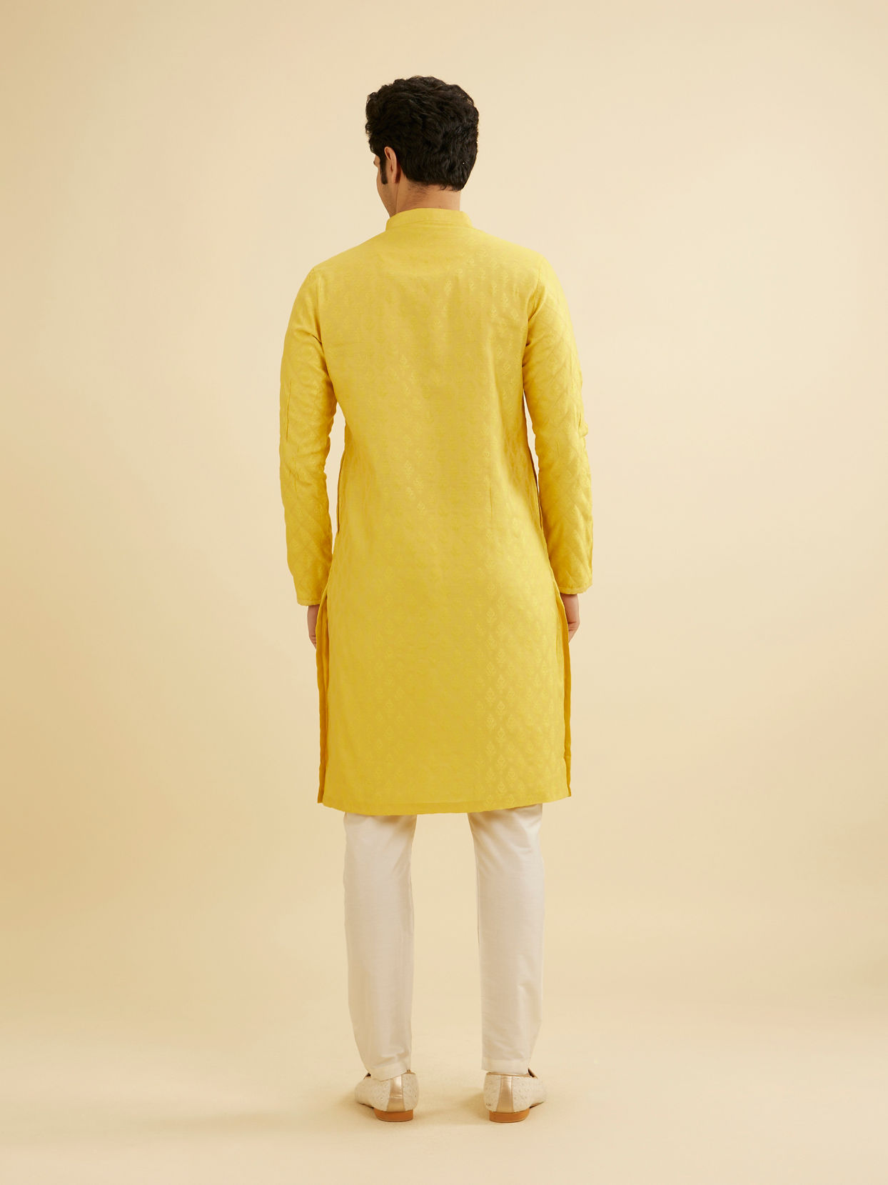 Manyavar Men Canary Yellow Self Design Kurta Pajama