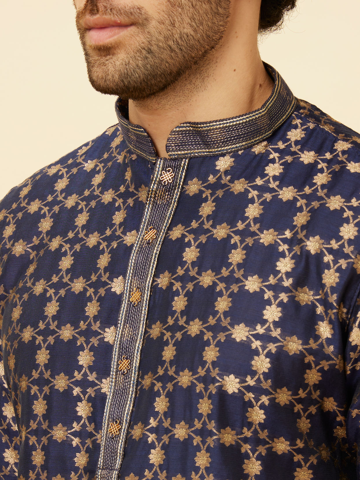 Manyavar Men Berry Blue Floral Jaal Patterned Kurta Set