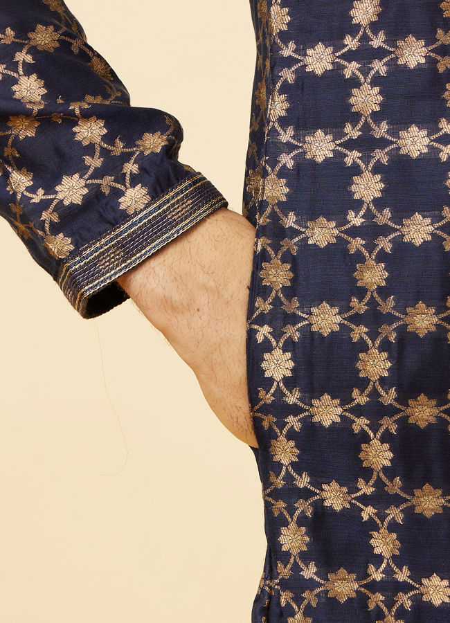 Manyavar Men Berry Blue Floral Jaal Patterned Kurta Set