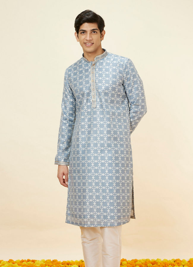 Manyavar Men Silver Grey Floral Jaal Patterned Kurta Set