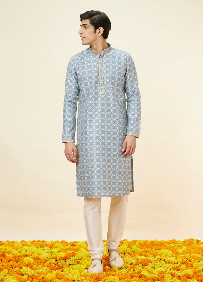 Manyavar Men Silver Grey Floral Jaal Patterned Kurta Set