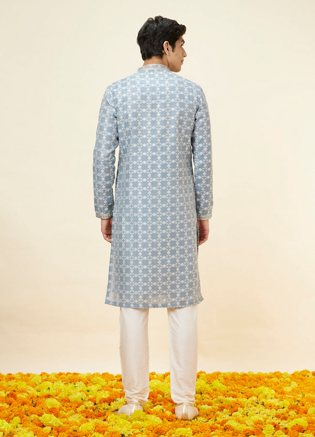 Manyavar Men Silver Grey Floral Jaal Patterned Kurta Set