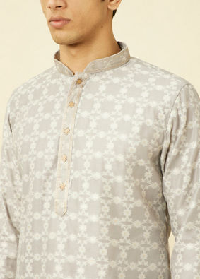 Manyavar Men Pearl River Grey Floral Patterned Kurta Set