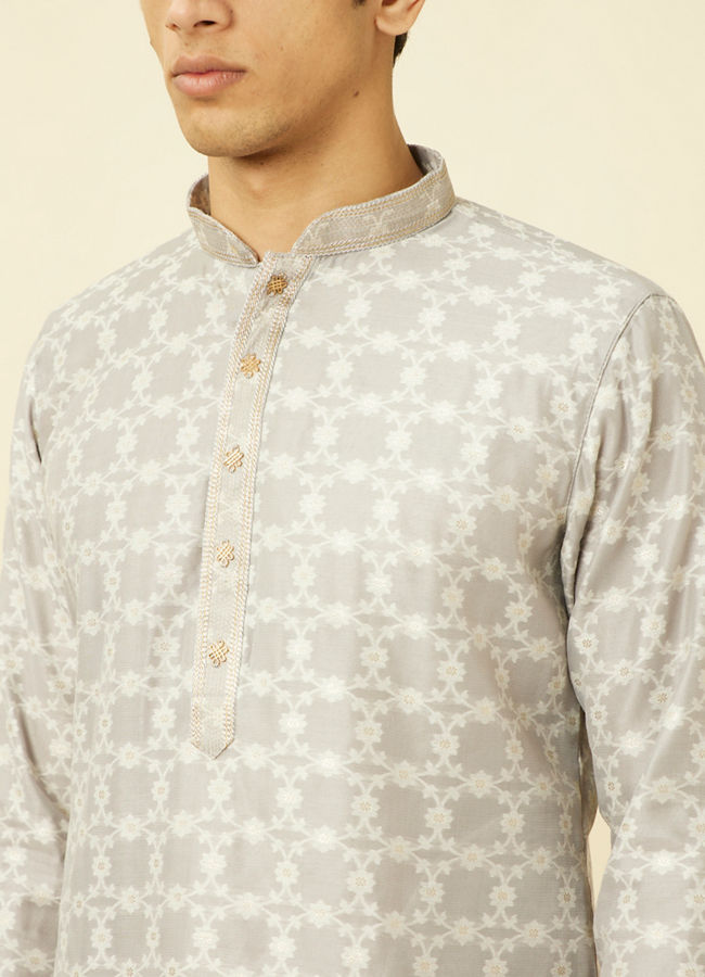 Manyavar Men Pearl River Grey Floral Patterned Kurta Set