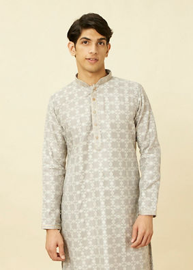Manyavar Men Pearl River Grey Floral Patterned Kurta Set