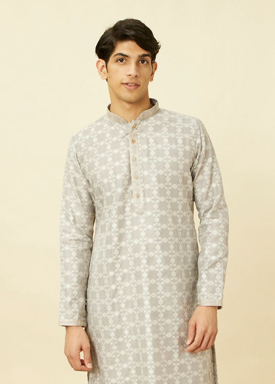 Manyavar Men Pearl River Grey Floral Patterned Kurta Set