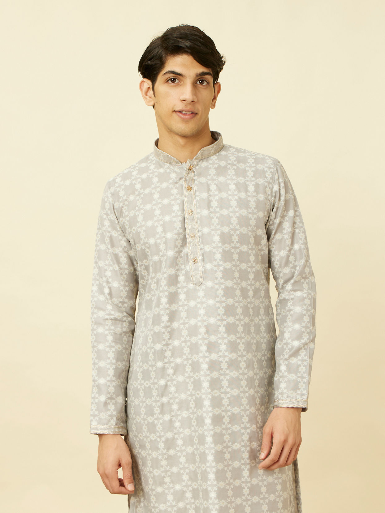 Manyavar Men Pearl River Grey Floral Patterned Kurta Set