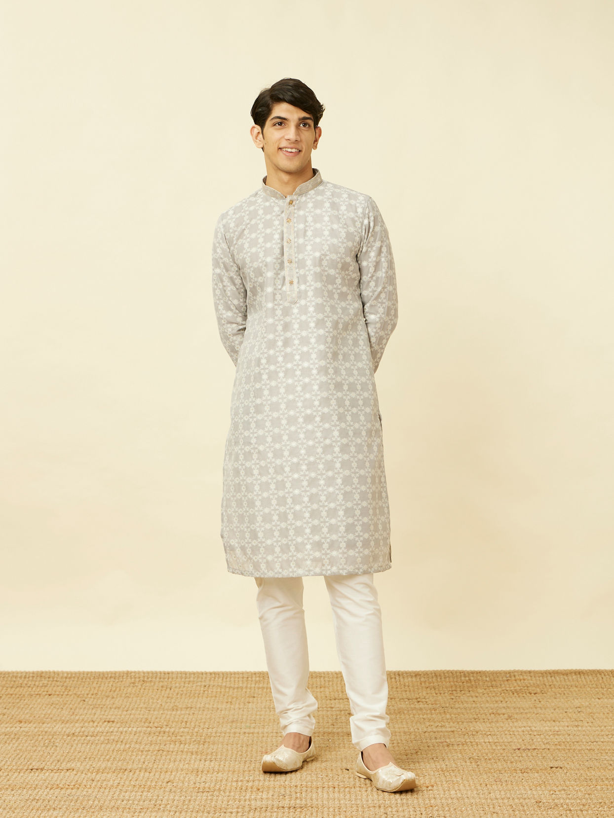 Manyavar Men Pearl River Grey Floral Patterned Kurta Set