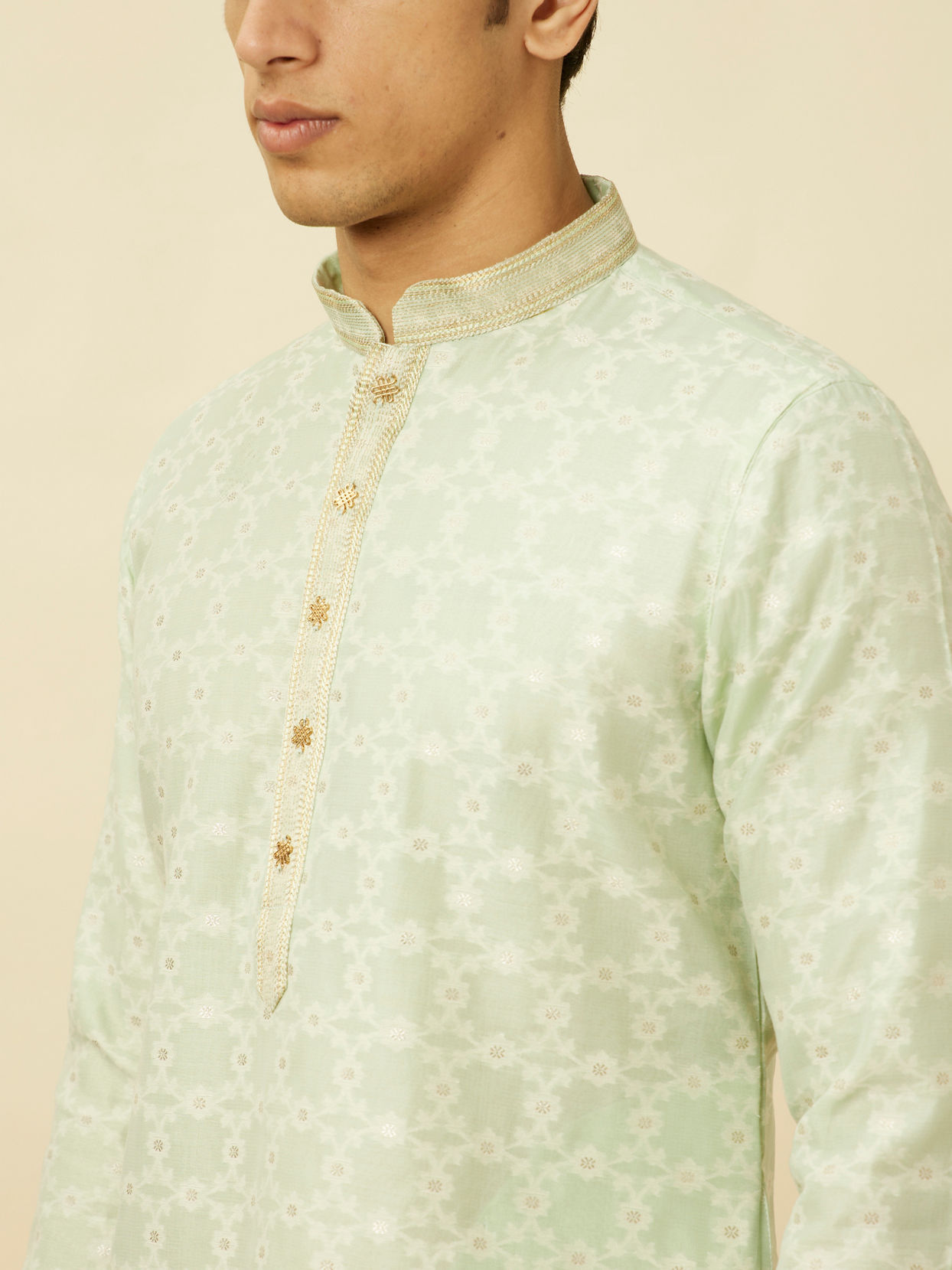 Manyavar Men Mint Green Floral Patterned Kurta Set