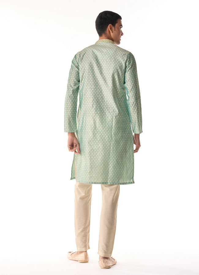 Manyavar Men Sea Green Jacquard Kurta Pajama