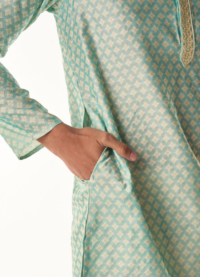 Manyavar Men Sea Green Jacquard Kurta Pajama