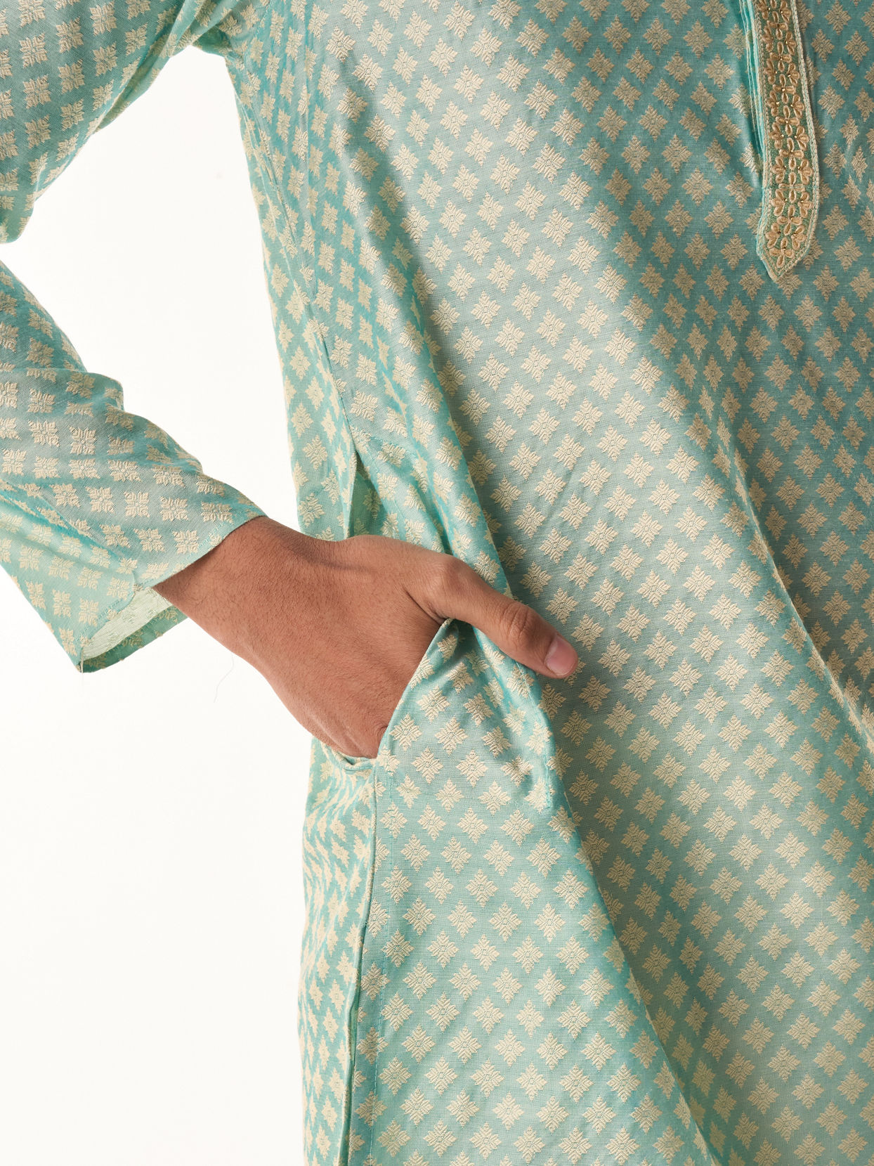 Manyavar Men Sea Green Jacquard Kurta Pajama