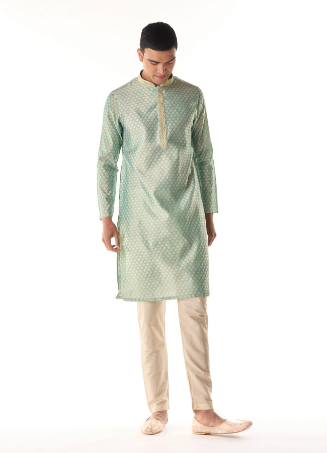 Manyavar Men Sea Green Jacquard Kurta Pajama