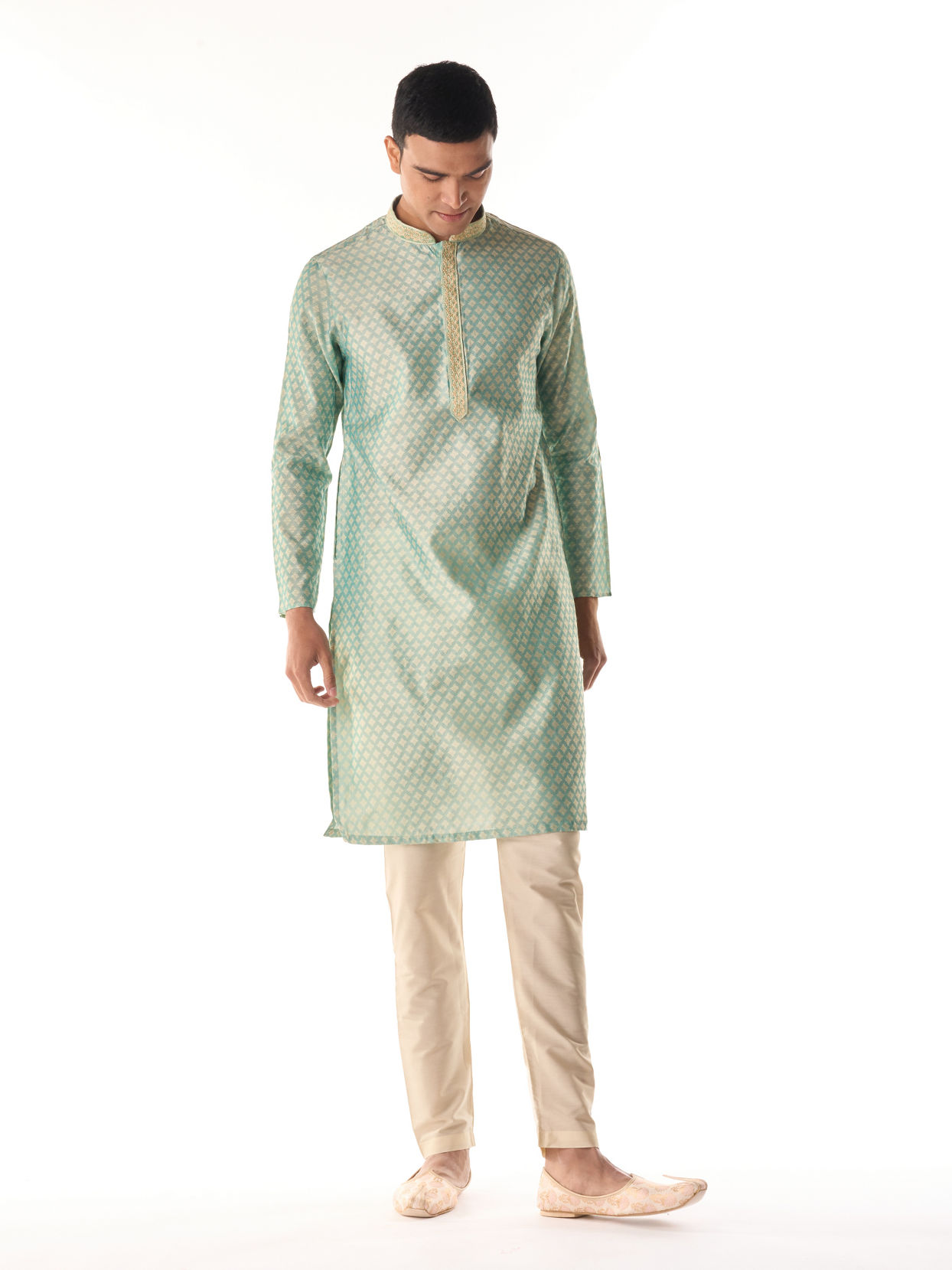 Manyavar Men Sea Green Jacquard Kurta Pajama