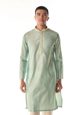 Manyavar Men Sea Green Jacquard Kurta Pajama