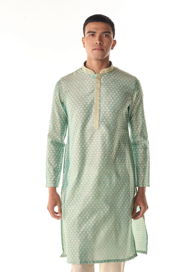 Manyavar Men Sea Green Jacquard Kurta Pajama