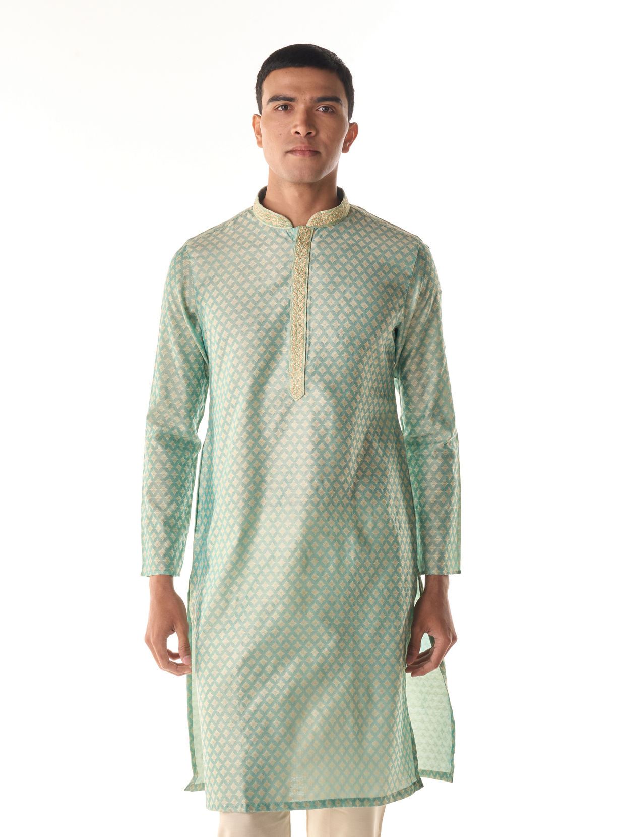 Manyavar Men Sea Green Jacquard Kurta Pajama