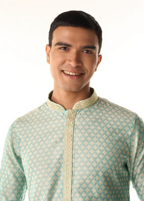 Manyavar Men Sea Green Jacquard Kurta Pajama