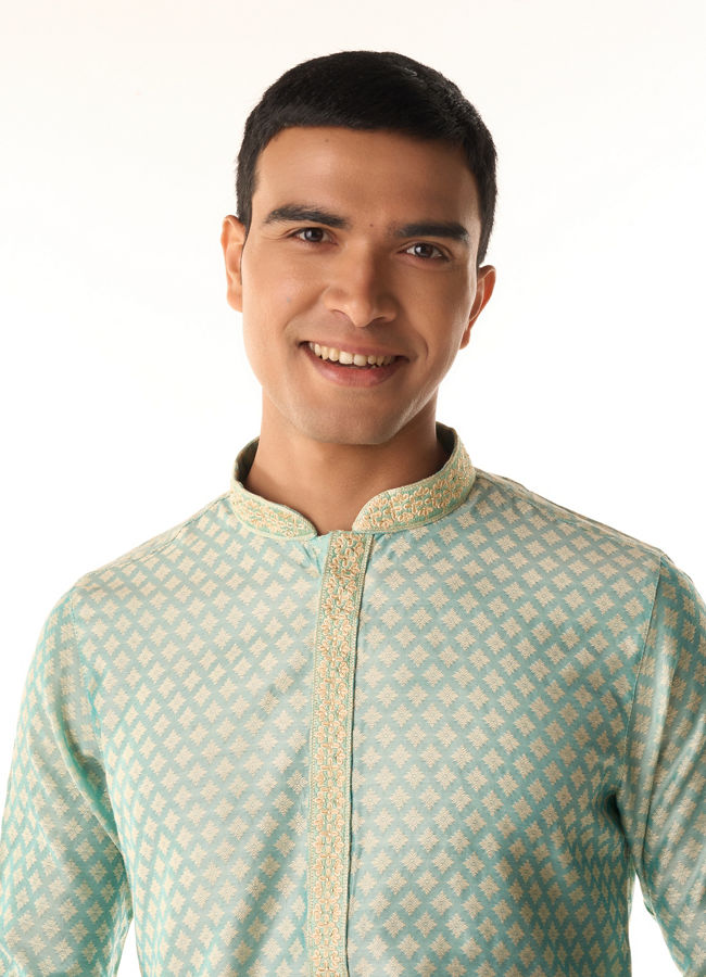 Manyavar Men Sea Green Jacquard Kurta Pajama