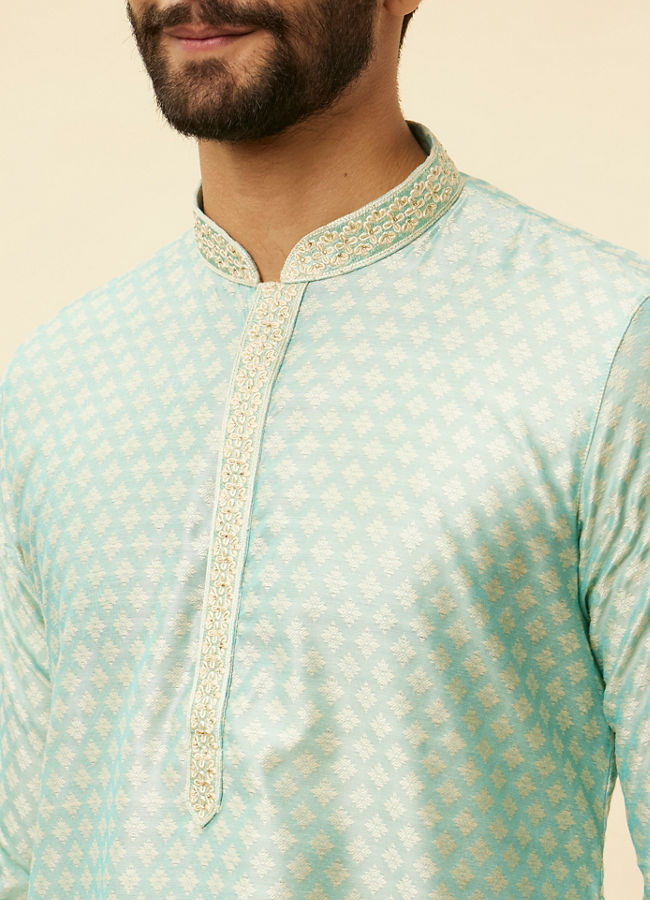 alt message - Manyavar Men Sea Green Jacquard Kurta Pajama image number 1