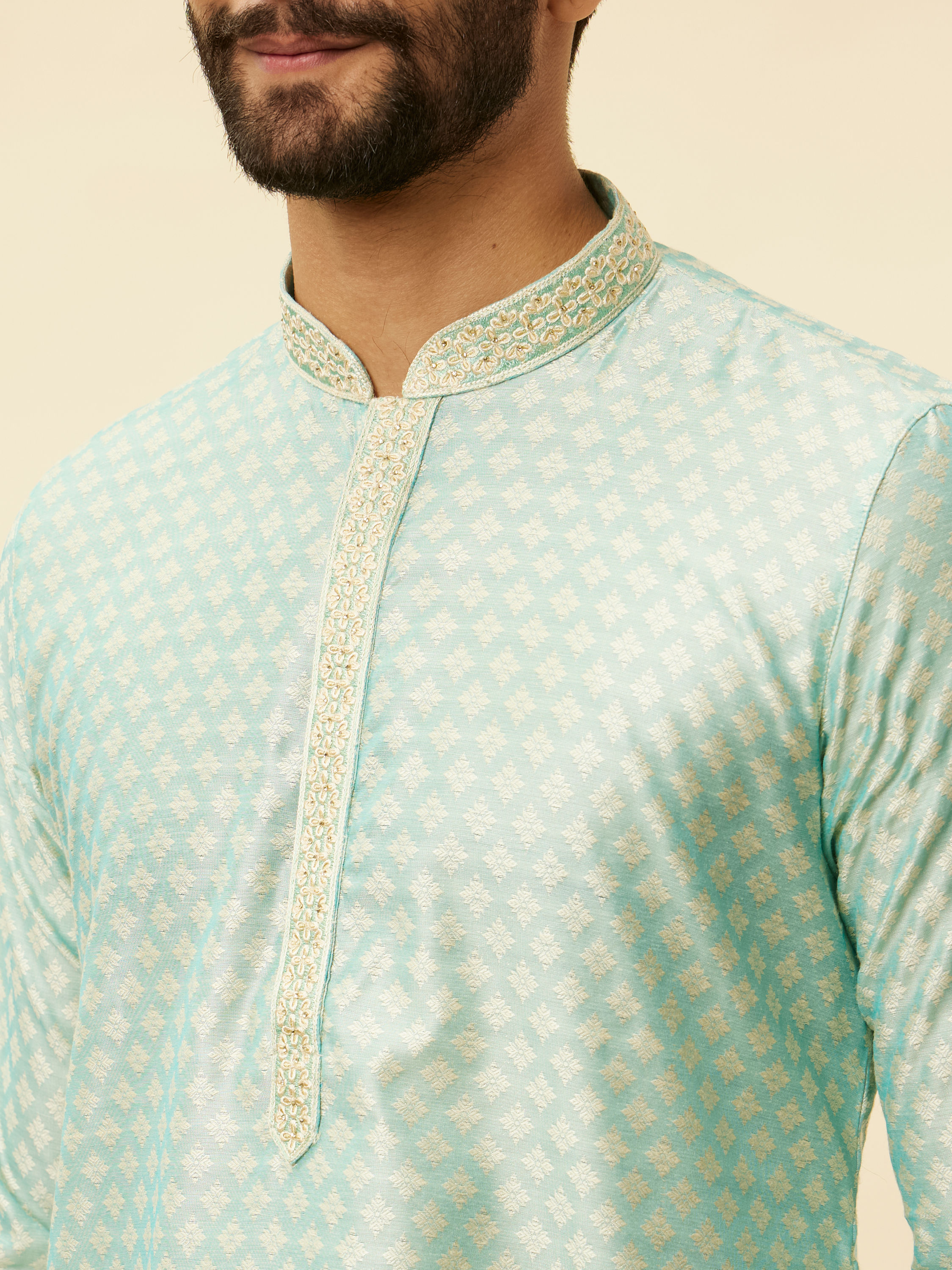 Manyavar Men Sea Green Jacquard Kurta Pajama