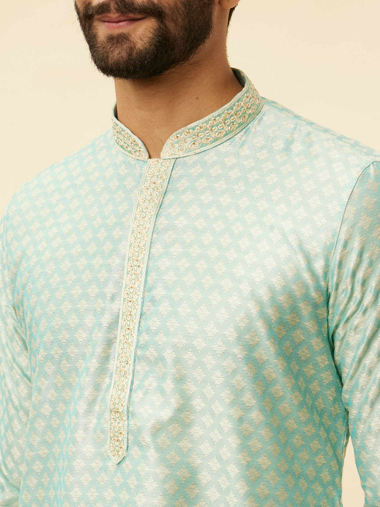 alt message - Manyavar Men Sea Green Jacquard Kurta Pajama image number 1