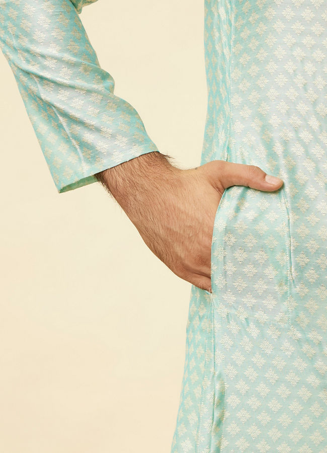 alt message - Manyavar Men Sea Green Jacquard Kurta Pajama image number 3