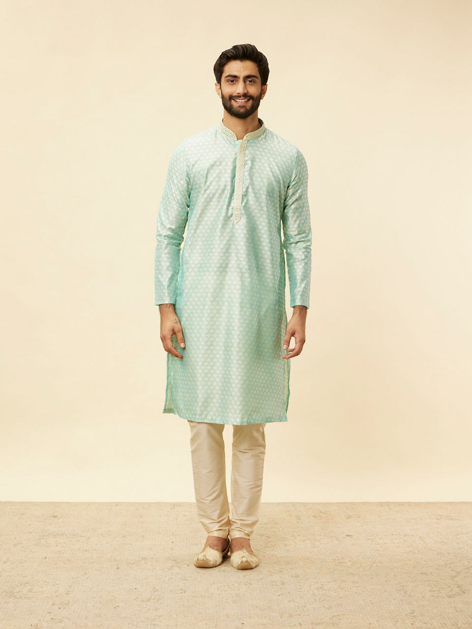 Manyavar Men Sea Green Jacquard Kurta Pajama