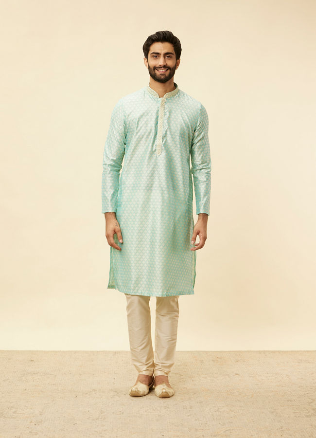 alt message - Manyavar Men Sea Green Jacquard Kurta Pajama image number 2