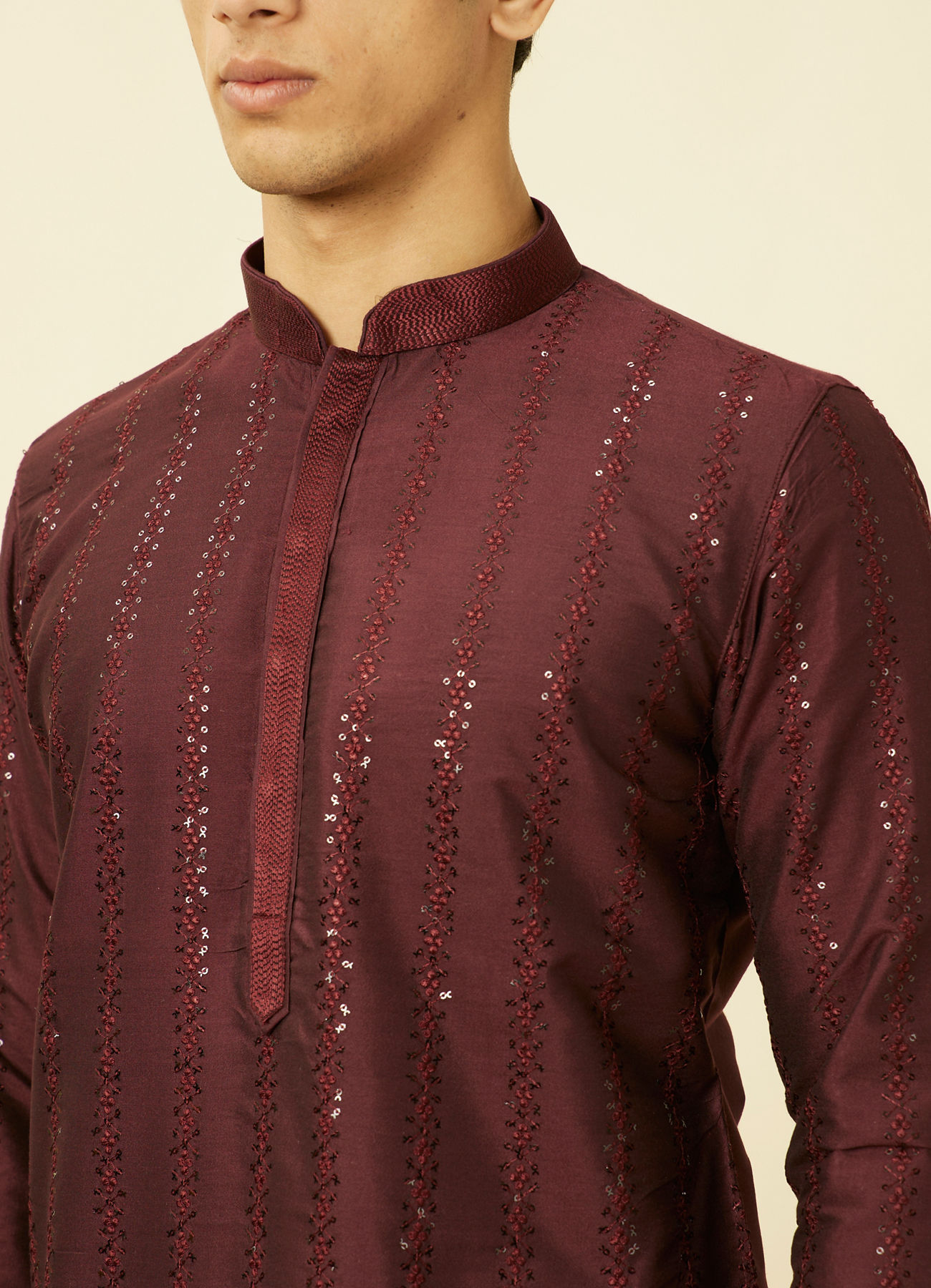 Manyavar Men Windsor Wine Floral String Patterned Kurta Set