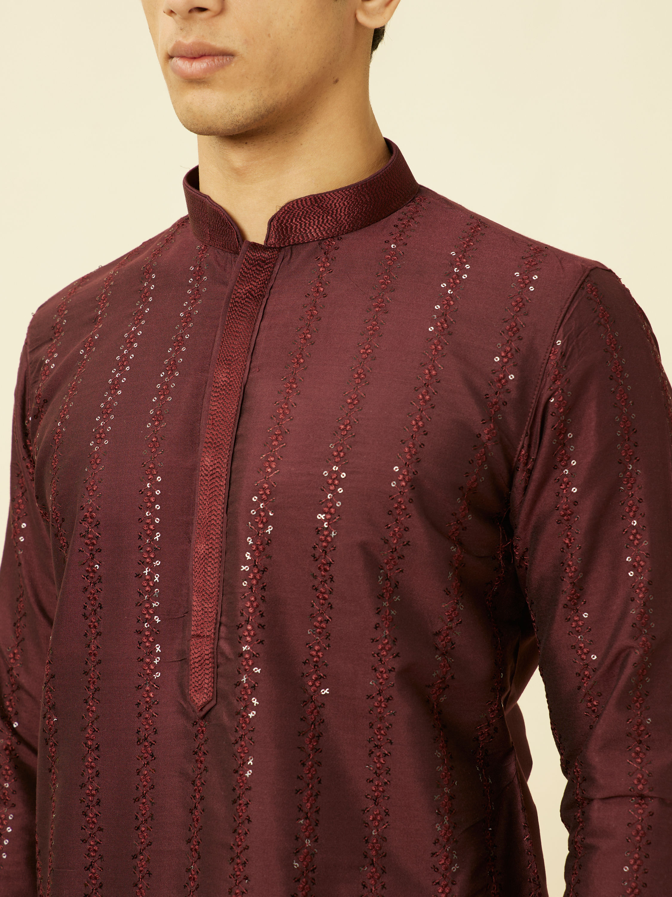 Manyavar Men Windsor Wine Floral String Patterned Kurta Set
