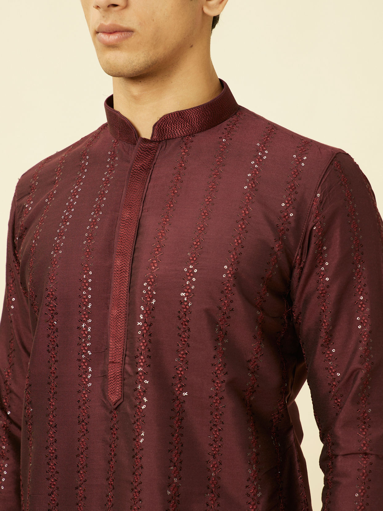 Manyavar Men Windsor Wine Floral String Patterned Kurta Set image number 1