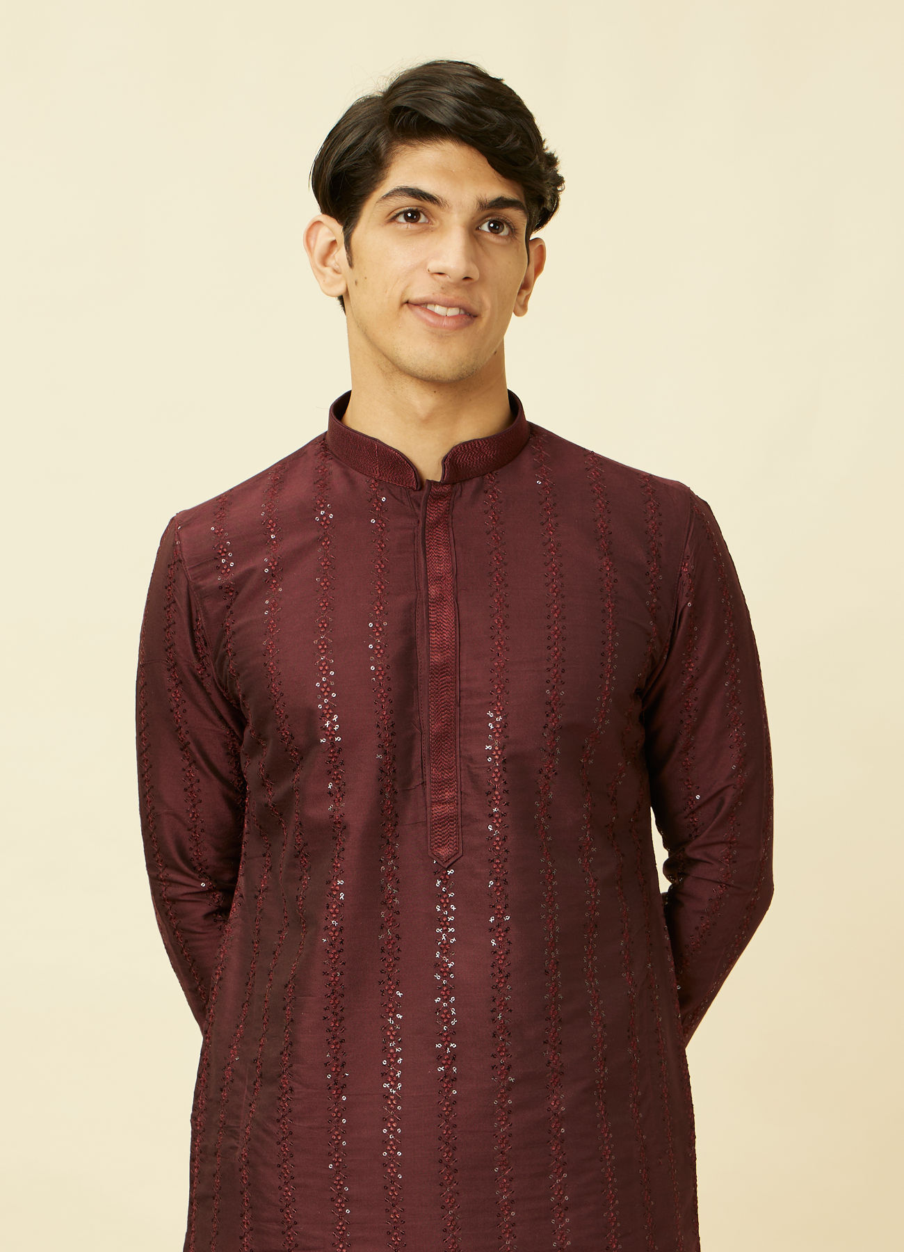 Manyavar Men Windsor Wine Floral String Patterned Kurta Set