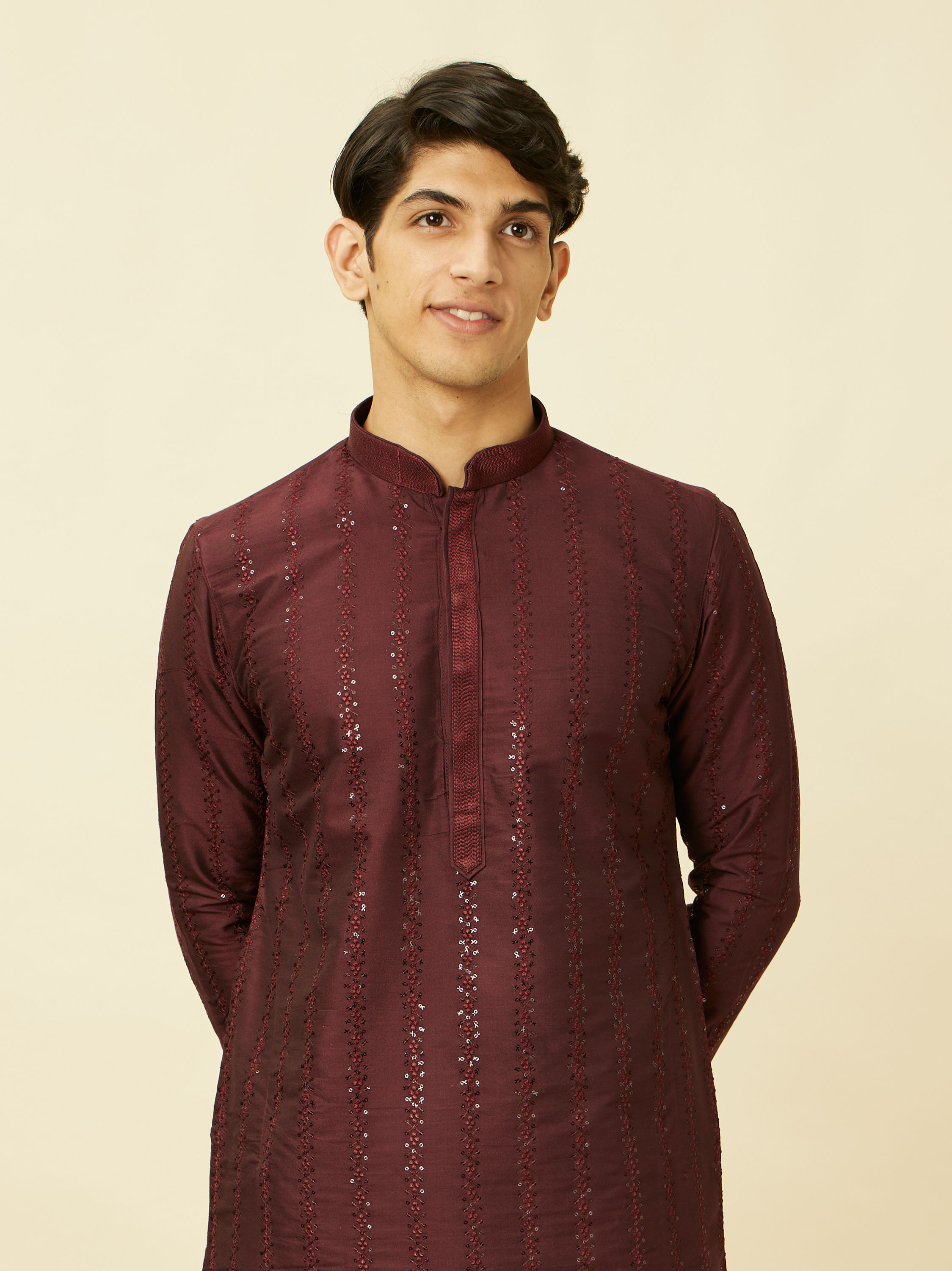 Manyavar Men Windsor Wine Floral String Patterned Kurta Set