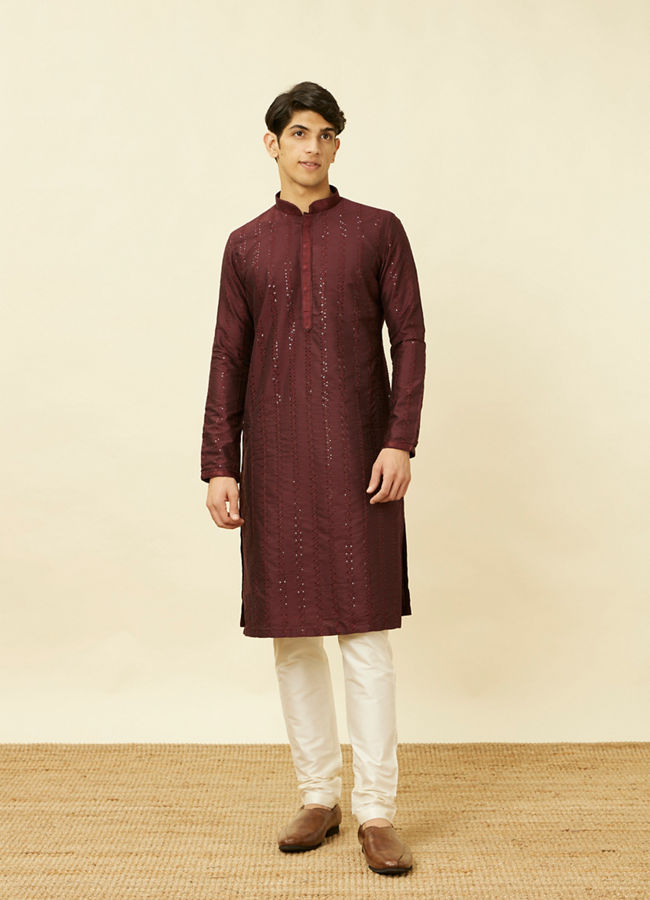 Manyavar Men Windsor Wine Floral String Patterned Kurta Set