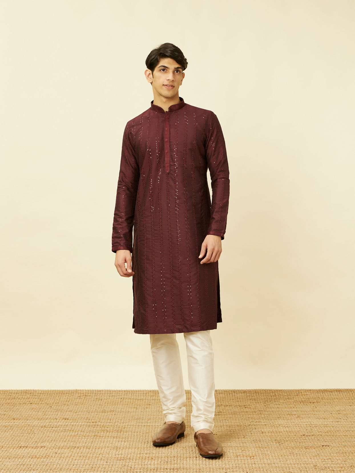 Manyavar Men Windsor Wine Floral String Patterned Kurta Set