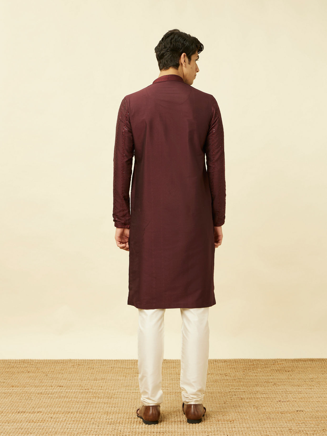 Manyavar Men Windsor Wine Floral String Patterned Kurta Set