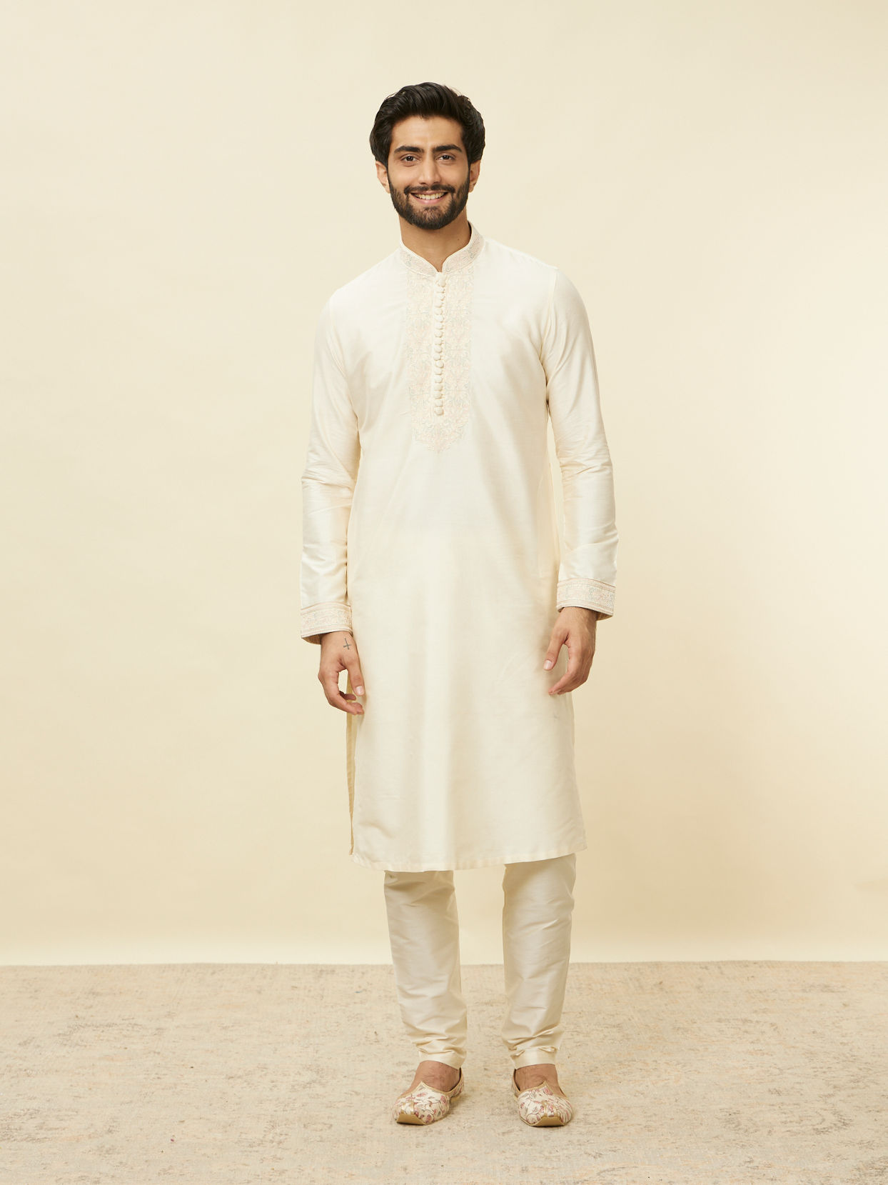 Manyavar Men Coconut Cream Embroidered Neckline Kurta Set